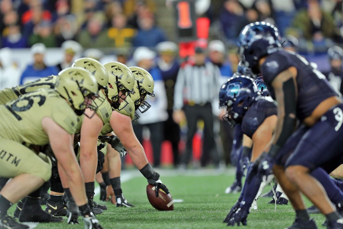 Dec 9, 2023; Foxborough, Massachusetts, USA; Army Black Knights offensive lineman Brady Small (51) lines up at the line of scrimmage against the Navy Midshipmen during the second half of the Army-Navy Game at Gillette Stadium. Mandatory Credit: Danny Wild-USA TODAY Sports
