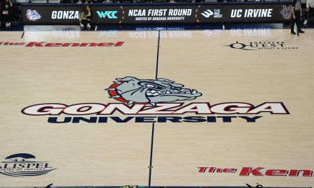 Mar 23, 2024; Spokane, Washington, USA; The Gonzaga Bulldogs logo at center court at McCarthey Athletic Center. Mandatory Credit: Kirby Lee-USA TODAY Sports
