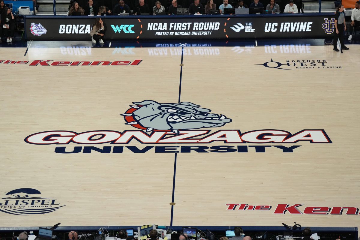 Mar 23, 2024; Spokane, Washington, USA; The Gonzaga Bulldogs logo at center court at McCarthey Athletic Center. Mandatory Credit: Kirby Lee-USA TODAY Sports