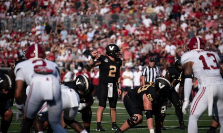 Vanderbilt Commodores quarterback Diego Pavia (2) calls out his cadence against the Alabama Crimson Tide during their game at Vanderbilt Stadium in Nashville, Tenn., Saturday, Oct. 5, 2024.