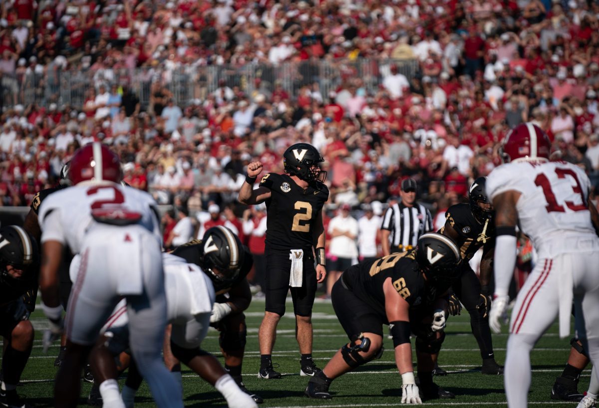 Vanderbilt Commodores quarterback Diego Pavia (2) calls out his cadence against the Alabama Crimson Tide during their game at Vanderbilt Stadium in Nashville, Tenn., Saturday, Oct. 5, 2024.
