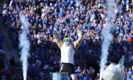 Oct 12, 2024; Provo, Utah, USA; The Brigham Young Cougars mascot Cosmo performs before the start of the fourth quarter against the Arizona Wildcats at LaVell Edwards Stadium. Mandatory Credit: Rob Gray-Imagn Images