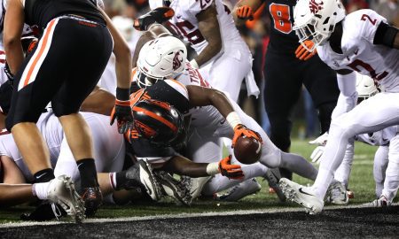 Oct 6, 2018; Corvallis, OR, USA; Oregon State Beavers running back Jermar Jefferson (22) reaches over the goal line for a touchdown against the Washington State Cougars in the second half at Reser Stadium. Mandatory Credit: Jaime Valdez-USA TODAY Sports