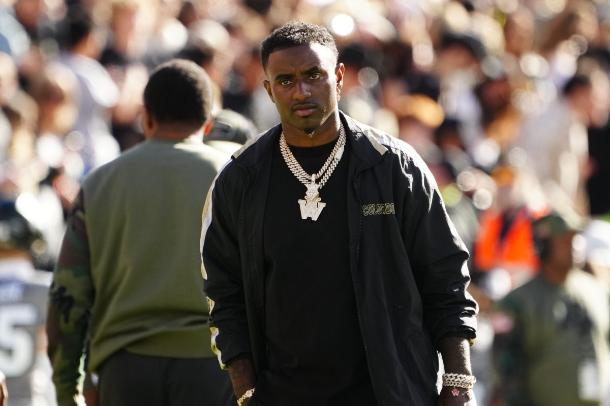 Nov 11, 2023; Boulder, Colorado, USA; Colorado Buffaloes video producer Deion Sanders Jr during the game against the Arizona Wildcats at Folsom Field. Mandatory Credit: Ron Chenoy-USA TODAY Sports
