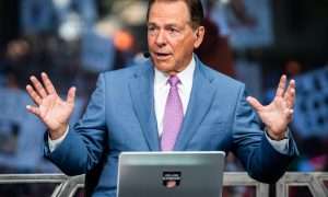 Oct 19, 2024; Austin, Texas, USA; Alabama Crimson Tide former football coach and current ESPN analyst Nick Saban on the set of ESPN's College Game Day at the University of Texas on the South Mall, before a game between the Texas Longhorns and the Georgia Bulldogs at Darrell K Royal-Texas Memorial Stadium. Mandatory Credit: Sara Diggins/USA TODAY Network via Imagn Images