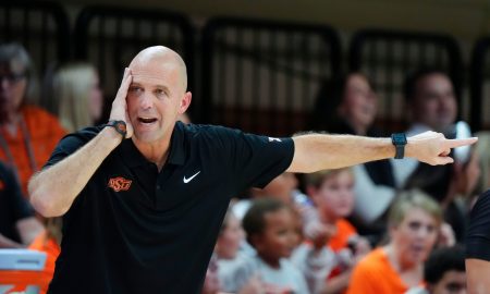 Oklahoma State coach Steve Lutz gestures during a college basketball game between the Oklahoma State Cowboys (OSU) and the Green Bay Phoenix at Gallagher-Iba Arena in Stillwater, Okla., Monday, Nov. 4, 2024.