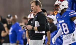 Nov 2, 2024; Dallas, Texas, USA; Southern Methodist Mustangs head coach Rhett Lashlee during the game between the Southern Methodist Mustangs and the Pittsburgh Panthers at Gerald J. Ford Stadium. Mandatory Credit: Jerome Miron-Imagn Images