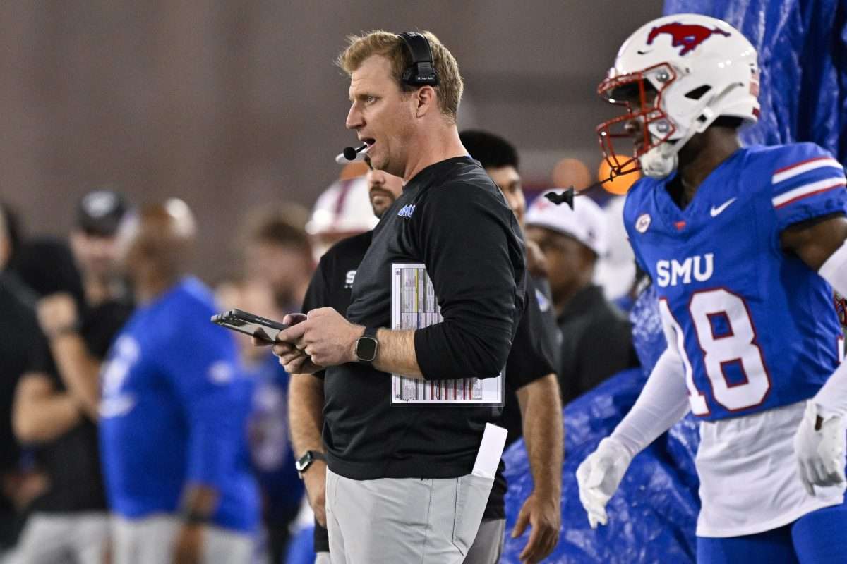 Nov 2, 2024; Dallas, Texas, USA; Southern Methodist Mustangs head coach Rhett Lashlee during the game between the Southern Methodist Mustangs and the Pittsburgh Panthers at Gerald J. Ford Stadium. Mandatory Credit: Jerome Miron-Imagn Images
