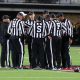 Nov 9, 2024; Lubbock, Texas, USA; The Big 12 officiating crew meet at mid-field in the second half during the game between the Texas Tech Red Raiders and the Colorado Buffalos at Jones AT&T Stadium and Cody Campbell Field. Mandatory Credit: Michael C. Johnson-Imagn Images