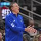 Nov 12, 2024; Atlanta, Georgia, USA; Kansas Jayhawks head coach Bill Self reacts on the bench against the Michigan State Spartans during the first half at State Farm Arena. Mandatory Credit: Dale Zanine-Imagn Images