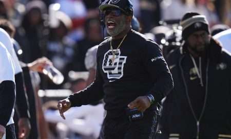 Nov 16, 2024; Boulder, Colorado, USA; Colorado Buffaloes head coach Deion Sanders reacts in the first quarter against the Utah Utes at Folsom Field. Mandatory Credit: Ron Chenoy-Imagn Images