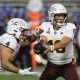 Nov 16, 2024; Manhattan, Kansas, USA; Arizona State Sun Devils quarterback Sam Leavitt (10) hands off to running back Cam Skattebo (4) against the Kansas State Wildcats during the second quarter at Bill Snyder Family Football Stadium. Mandatory Credit: Scott Sewell-Imagn Images