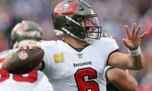 Nov 24, 2024; East Rutherford, New Jersey, USA; Tampa Bay Buccaneers quarterback Baker Mayfield (6) throws a pass during the second half against the New York Giants at MetLife Stadium. Mandatory Credit: Vincent Carchietta-Imagn Images