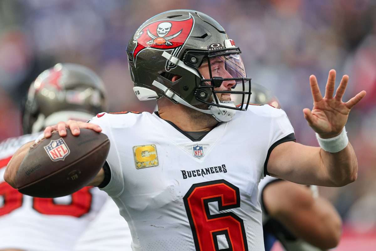 Nov 24, 2024; East Rutherford, New Jersey, USA; Tampa Bay Buccaneers quarterback Baker Mayfield (6) throws a pass during the second half against the New York Giants at MetLife Stadium. Mandatory Credit: Vincent Carchietta-Imagn Images