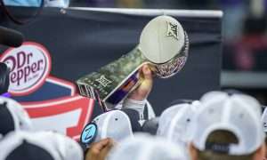 Dec 3, 2022; Arlington, TX, USA; A view of the championship trophy as the Kansas State Wildcats celebrate winning the Big 12 championship after defeating the TCU Horned Frogs overtime at AT&T Stadium. Mandatory Credit: Jerome Miron-USA TODAY Sports