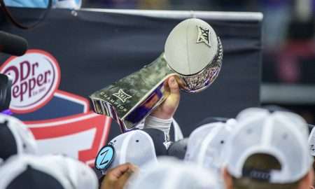 Dec 3, 2022; Arlington, TX, USA; A view of the championship trophy as the Kansas State Wildcats celebrate winning the Big 12 championship after defeating the TCU Horned Frogs overtime at AT&T Stadium. Mandatory Credit: Jerome Miron-USA TODAY Sports