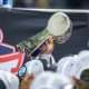 Dec 3, 2022; Arlington, TX, USA; A view of the championship trophy as the Kansas State Wildcats celebrate winning the Big 12 championship after defeating the TCU Horned Frogs overtime at AT&T Stadium. Mandatory Credit: Jerome Miron-USA TODAY Sports