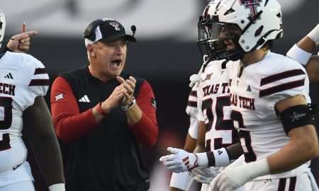 Sep 7, 2024; Pullman, Washington, USA; Texas Tech Red Raiders head coach Joey McGuire looks on in the first half against the Washington State Cougars at Gesa Field at Martin Stadium. Mandatory Credit: James Snook-Imagn Images
