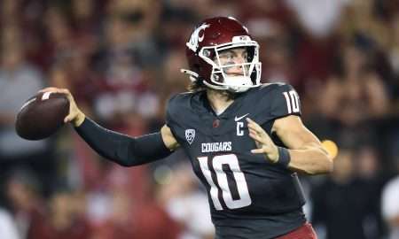 Sep 7, 2024; Pullman, Washington, USA; Washington State Cougars quarterback John Mateer (10) throws a pass against the Texas Tech Red Raiders in the first half at Gesa Field at Martin Stadium. Mandatory Credit: James Snook-Imagn Images