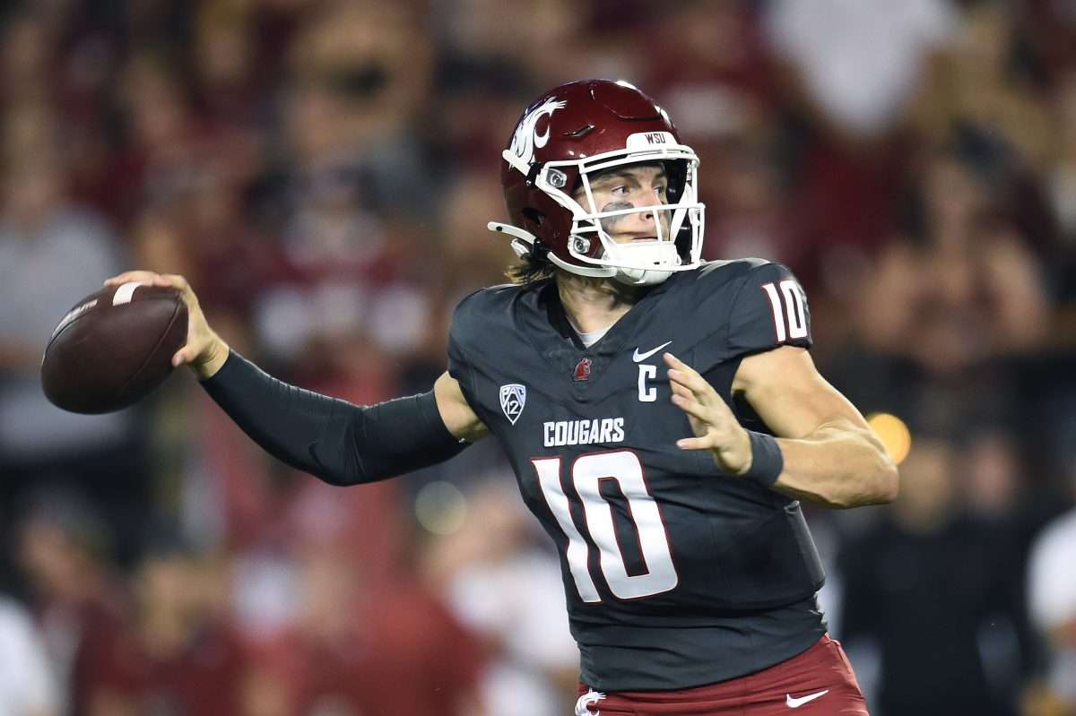 Sep 7, 2024; Pullman, Washington, USA; Washington State Cougars quarterback John Mateer (10) throws a pass against the Texas Tech Red Raiders in the first half at Gesa Field at Martin Stadium. Mandatory Credit: James Snook-Imagn Images