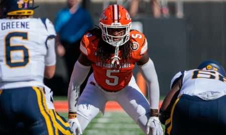 Oct 5, 2024; Stillwater, Oklahoma, USA; Oklahoma State Cowboys safety Kendal Daniels (5) ready for a play against the West Virginia Mountaineers during the second quarter at Boone Pickens Stadium. Mandatory Credit: William Purnell-Imagn Images