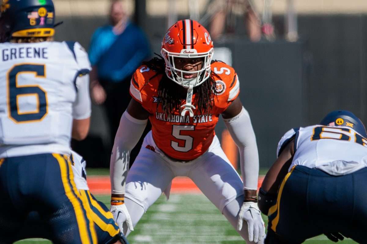 Oct 5, 2024; Stillwater, Oklahoma, USA; Oklahoma State Cowboys safety Kendal Daniels (5) ready for a play against the West Virginia Mountaineers during the second quarter at Boone Pickens Stadium. Mandatory Credit: William Purnell-Imagn Images