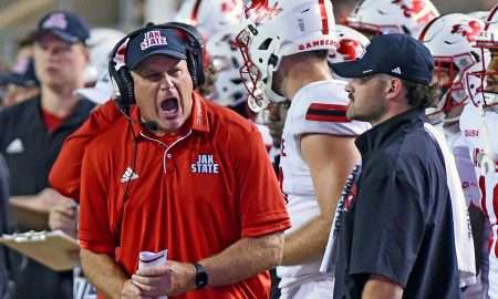 Jacksonville State Head Coach Rich Rodriguez reacts to a play during college football action at AmFirst Stadium in Jacksonville, Alabama October 9, 2024. (Dave Hyatt / Special to the Gadsden Times)