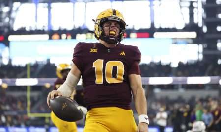 Dec 7, 2024; Arlington, TX, USA; Arizona State Sun Devils quarterback Sam Leavitt (10) reacts after running for a touchdown during the first quarter against the Iowa State Cyclones at AT&T Stadium. Mandatory Credit: Kevin Jairaj-Imagn Images