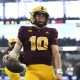 Dec 7, 2024; Arlington, TX, USA; Arizona State Sun Devils quarterback Sam Leavitt (10) reacts after running for a touchdown during the first quarter against the Iowa State Cyclones at AT&T Stadium. Mandatory Credit: Kevin Jairaj-Imagn Images