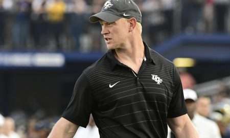 Oct 21, 2017; Annapolis, MD, USA; UCF Knights head coach Scott Frost stands on the field during the third quarter against the Navy Midshipmen at Navy-Marine Corps Memorial Stadium. UCF Knights defeated Navy Midshipmen 31-21. Mandatory Credit: Tommy Gilligan-USA TODAY Sports
