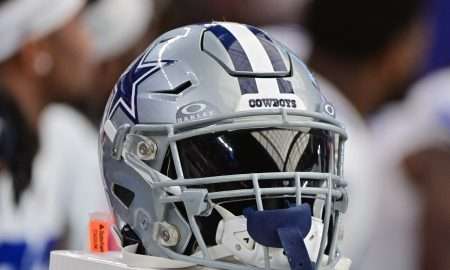 Sep 24, 2023; Glendale, Arizona, USA; Detail view of a Dallas Cowboys helmet in the second half against the Arizona Cardinals at State Farm Stadium. Mandatory Credit: Matt Kartozian-USA TODAY Sports