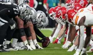 Nov 26, 2023; Paradise, Nevada, USA; Las Vegas Raiders long snapper Jacob Bobenmoyer (50) snaps the ball against the Kansas City Chiefs in the second half at Allegiant Stadium. Mandatory Credit: Kirby Lee-USA TODAY Sports