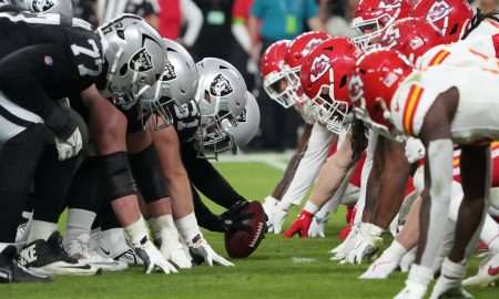 Nov 26, 2023; Paradise, Nevada, USA; Las Vegas Raiders long snapper Jacob Bobenmoyer (50) snaps the ball against the Kansas City Chiefs in the second half at Allegiant Stadium. Mandatory Credit: Kirby Lee-USA TODAY Sports