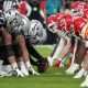 Nov 26, 2023; Paradise, Nevada, USA; Las Vegas Raiders long snapper Jacob Bobenmoyer (50) snaps the ball against the Kansas City Chiefs in the second half at Allegiant Stadium. Mandatory Credit: Kirby Lee-USA TODAY Sports