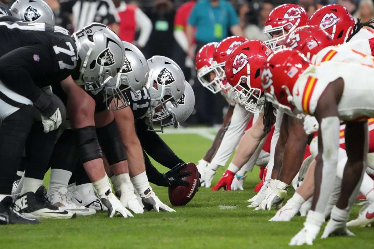 Nov 26, 2023; Paradise, Nevada, USA; Las Vegas Raiders long snapper Jacob Bobenmoyer (50) snaps the ball against the Kansas City Chiefs in the second half at Allegiant Stadium. Mandatory Credit: Kirby Lee-USA TODAY Sports