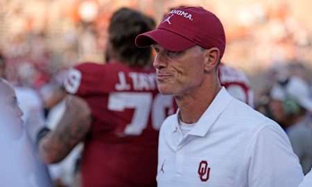 Oklahoma head football coach Brent Venables reacts following the first half of the Red River Rivalry college football game between the University of Oklahoma Sooners and the Texas Longhorn at the Cotton Bowl Stadium in Dallas, Texas, Saturday, Oct., 12, 2024.
