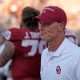 Oklahoma head football coach Brent Venables reacts following the first half of the Red River Rivalry college football game between the University of Oklahoma Sooners and the Texas Longhorn at the Cotton Bowl Stadium in Dallas, Texas, Saturday, Oct., 12, 2024.