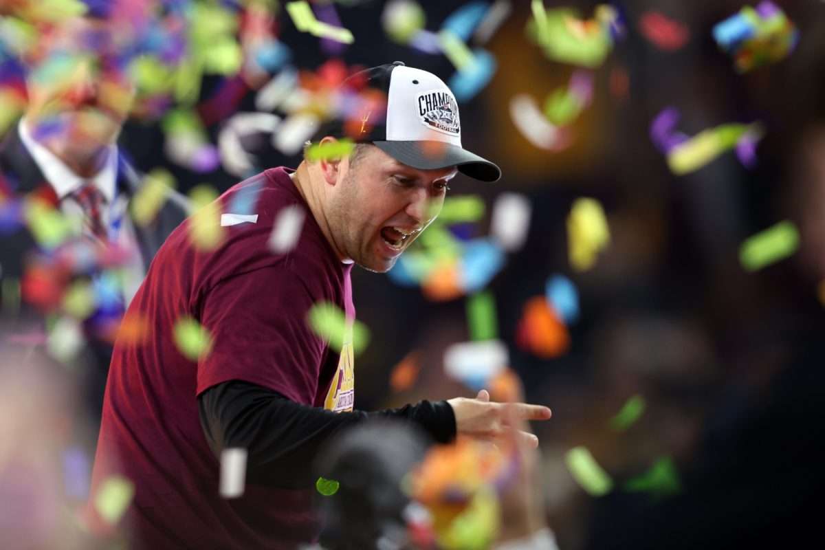 Dec 7, 2024; Arlington, TX, USA; Arizona State Sun Devils head coach Kenny Dillingham celebrates winning the Big 12 Championship game against the Iowa State Cyclones at AT&T Stadium. Mandatory Credit: Tim Heitman-Imagn Images