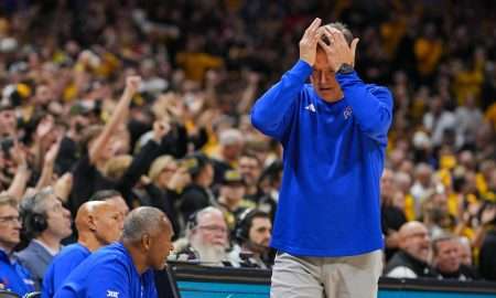 Dec 8, 2024; Columbia, Missouri, USA; Kansas Jayhawks head coach Bill Self reacts during the second half against the Missouri Tigers at Mizzou Arena. Mandatory Credit: Jay Biggerstaff-Imagn Images