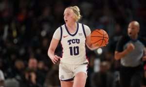 Dec 8, 2024; Fort Worth, Texas, USA; TCU Horned Frogs guard Hailey Van Lith (10) dribbles the ball upcourt against the South Carolina Gamecocks during the second half at Dickies Arena. Mandatory Credit: Chris Jones-Imagn Images