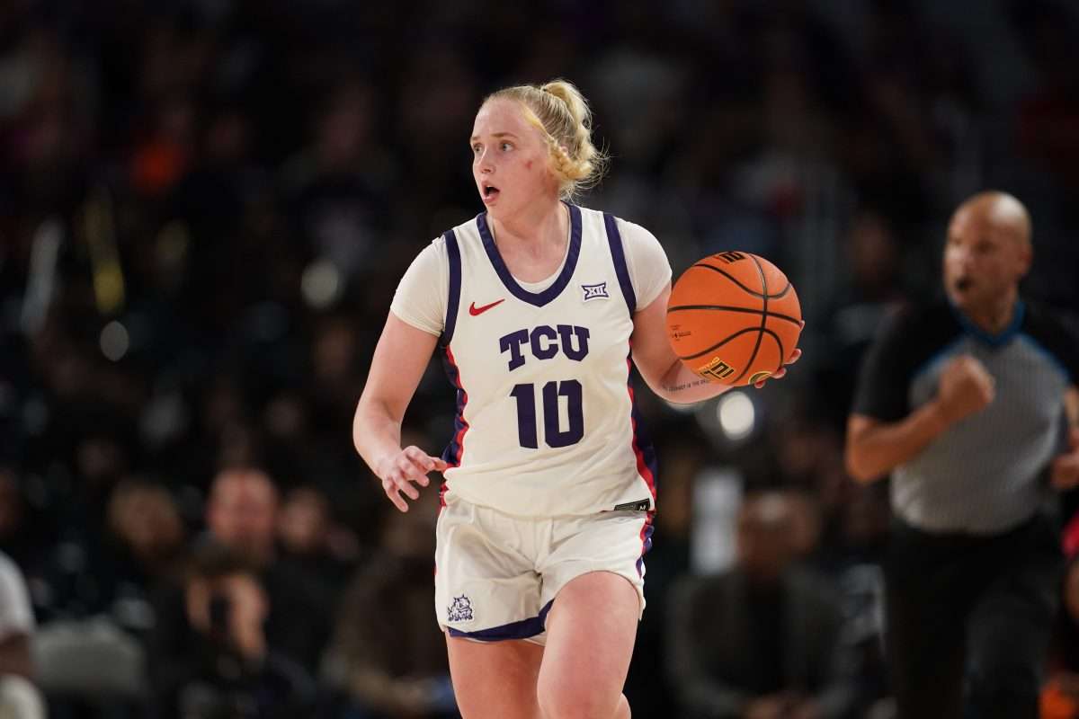 Dec 8, 2024; Fort Worth, Texas, USA; TCU Horned Frogs guard Hailey Van Lith (10) dribbles the ball upcourt against the South Carolina Gamecocks during the second half at Dickies Arena. Mandatory Credit: Chris Jones-Imagn Images