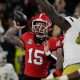 Georgia quarterback Carson Beck (15) throws the ball during the first half of a NCAA college football game against Georgia Tech in Athens, Ga., on Friday, Nov. 29, 2024.