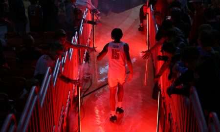 Dec 31, 2024; Lubbock, Texas, USA; Texas Tech Red Raiders forward JT Toppin (15) is introduced before the game against the Central Florida Knights at United Supermarkets Arena. Mandatory Credit: Michael C. Johnson-Imagn Images