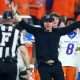 Dec 31, 2024; Glendale, AZ, USA; Boise State Broncos head coach Spencer Danielson reacts toward the referee against the Penn State Nittany Lions during the first half in the Fiesta Bowl at State Farm Stadium. Mandatory Credit: Mark J. Rebilas-Imagn Images