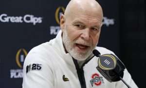 Jan 18, 2025; Atlanta, GA, USA; Ohio State Buckeyes defensive coordinator Jim Knowles talks to the media during 2025 CFP National Championship Media Day at Georgia World Congress Center, Building A. Mandatory Credit: Brett Davis-Imagn Images