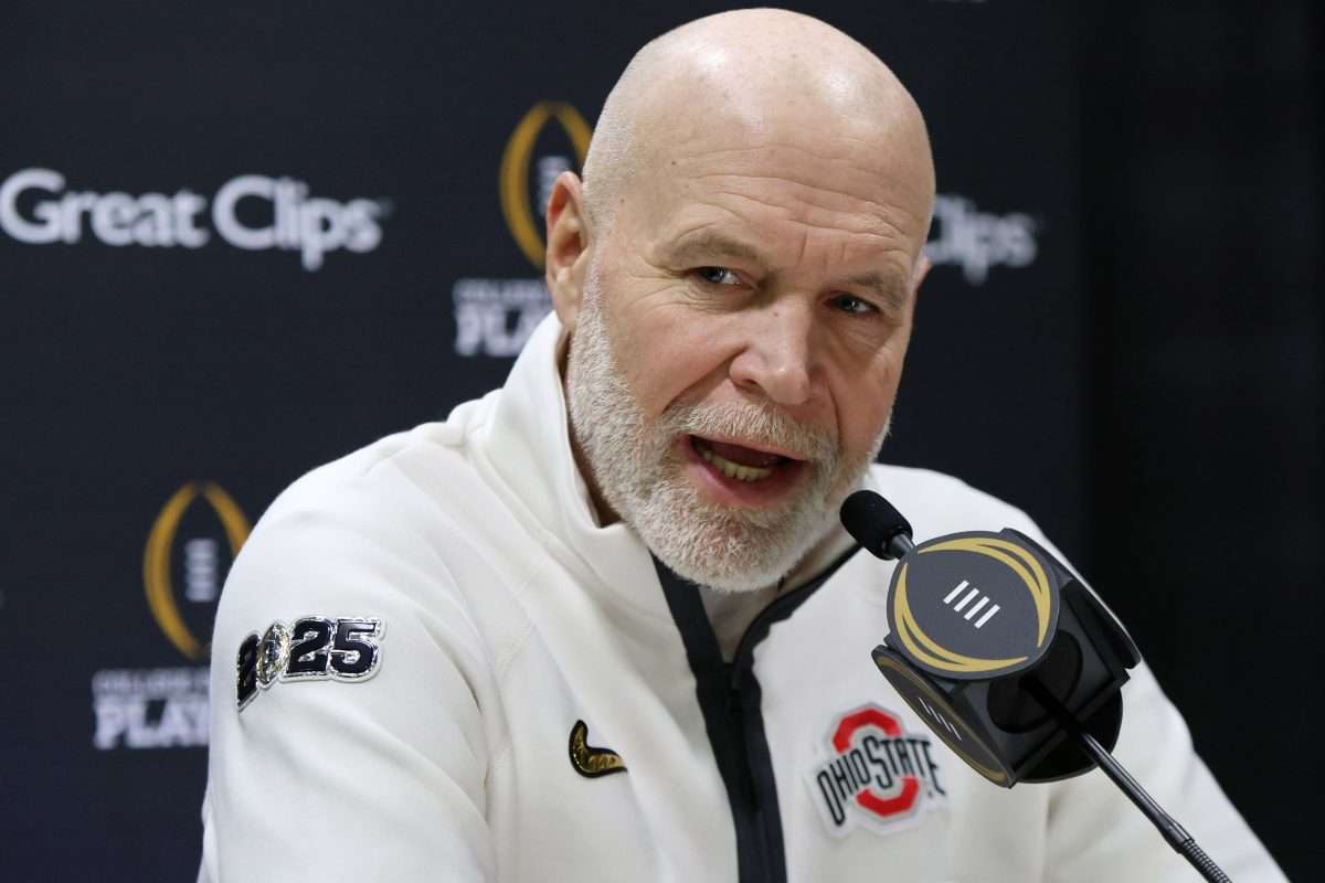 Jan 18, 2025; Atlanta, GA, USA; Ohio State Buckeyes defensive coordinator Jim Knowles talks to the media during 2025 CFP National Championship Media Day at Georgia World Congress Center, Building A. Mandatory Credit: Brett Davis-Imagn Images