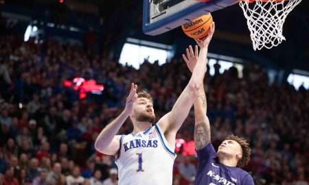 Kansas Jayhawks center Hunter Dickinson (1) lays in against Kansas State Wildcats in the first half of the Sunflower Showdown game inside Allen Fieldhouse Saturday, Jan. 18, 2025.