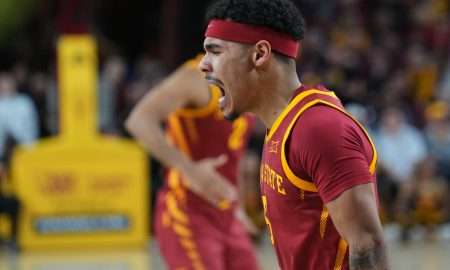 Jan 25, 2025; Tempe, Arizona, USA; Iowa State Cyclones guard Tamin Lipsey (3) reacts against the Arizona State Sun Devils during the second half at Desert Financial Arena. Mandatory Credit: Joe Camporeale-Imagn Images