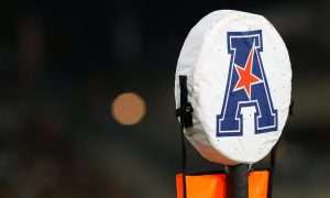 Sep 5, 2015; Cincinnati, OH, USA; A detailed view of the American Athletic Conference logo on a field marker at Nippert Stadium. The Bearcats won 52-10. Mandatory Credit: Aaron Doster-USA TODAY Sports