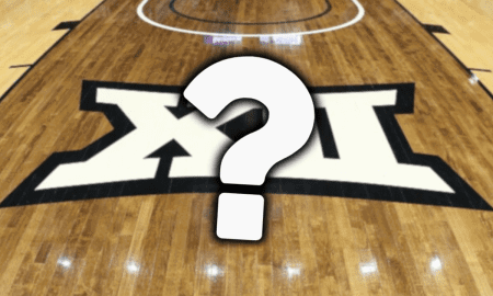 Big 12 basketball logo behind elevated question mark.